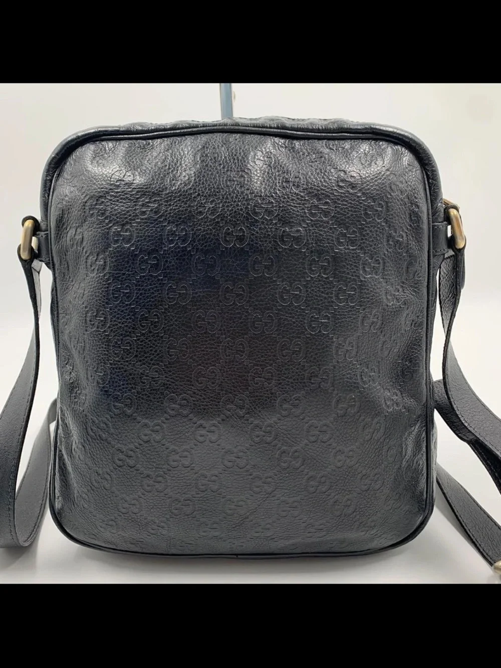 Gucci Black Embossed Leather Messenger Bag with Gold Hardware